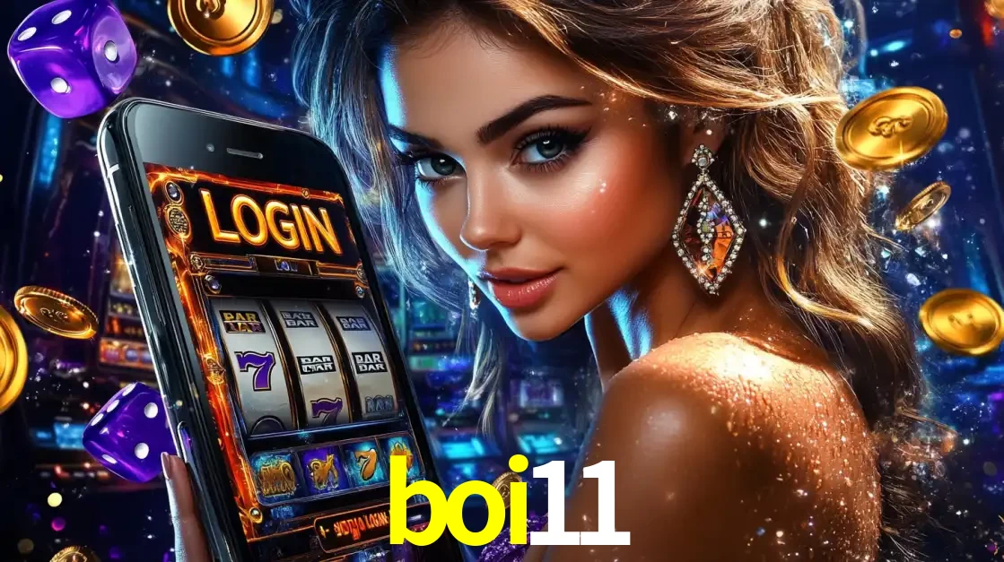 Mulher glamorosa segurando um smartphone com a tela de login para os jogos de caça-níqueis do cassino online boi11, com moedas de ouro e dados ao redor.